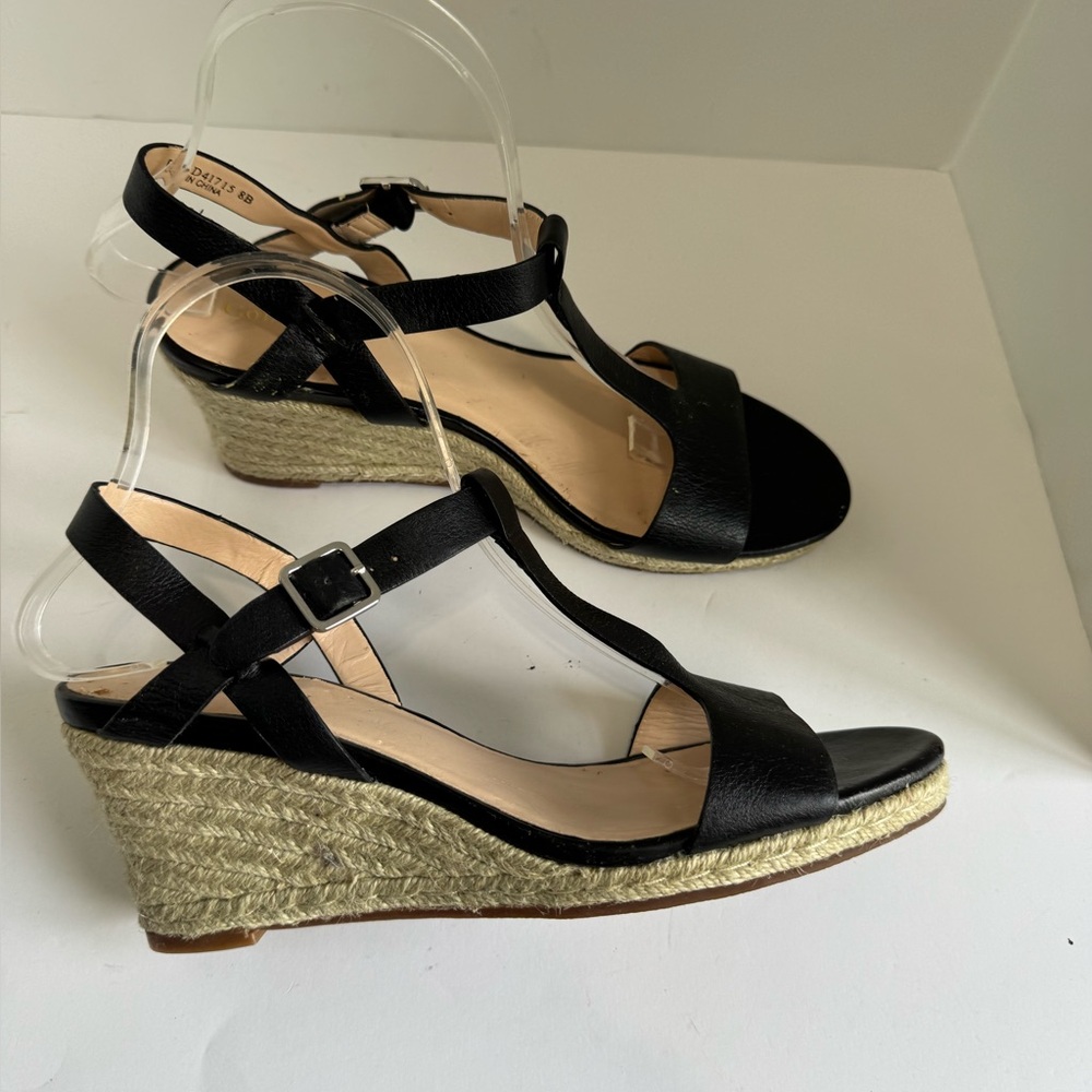 Cole Haan Elizabeth Wedge Sandal Black Leather T-Strap Espadrille Size 8 - Picture 10 of 16